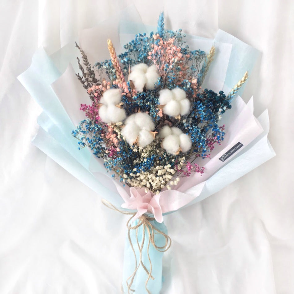 Cotton Flower Bouquet in Baby Blue Wrapping