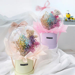 Acrylic Transparent Balls Containing Rainbow Baby's Breath & Mini Bear on Bloom Box