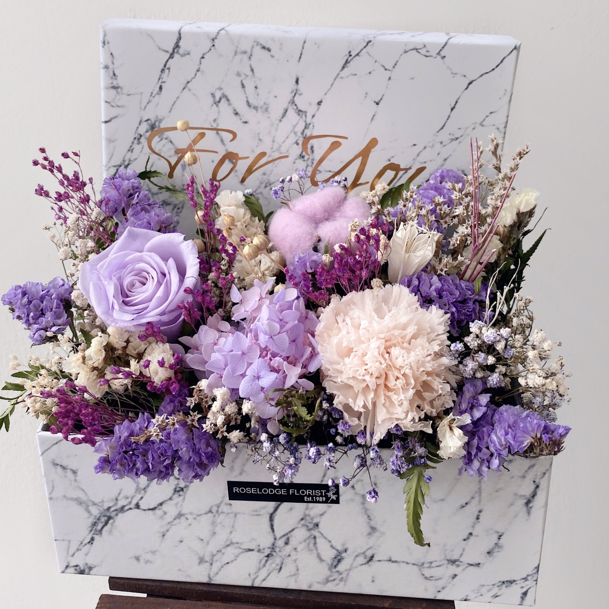 Purple Preserved Rose & Carnation in Marbled Designed Bloom Box