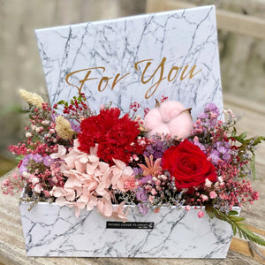 Red Preserved Rose & Carnations in Marbled Design Bloom Box
