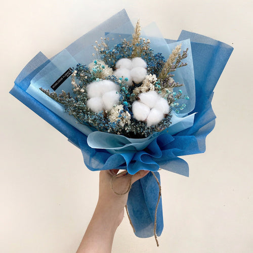 Cotton Flower Bouquet in Blue Wrapping